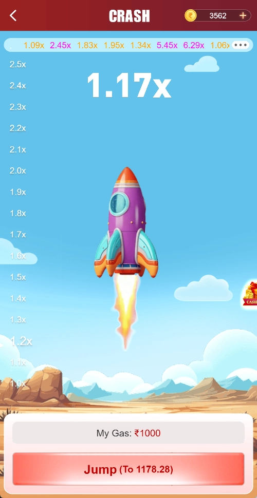 Crash active-round screen showing 1.17x, My Gas ₹1000, and Jump To 1178.28