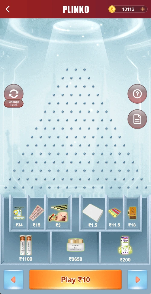 Crown 11 Plinko ₹10 board with its first displayed prize pool