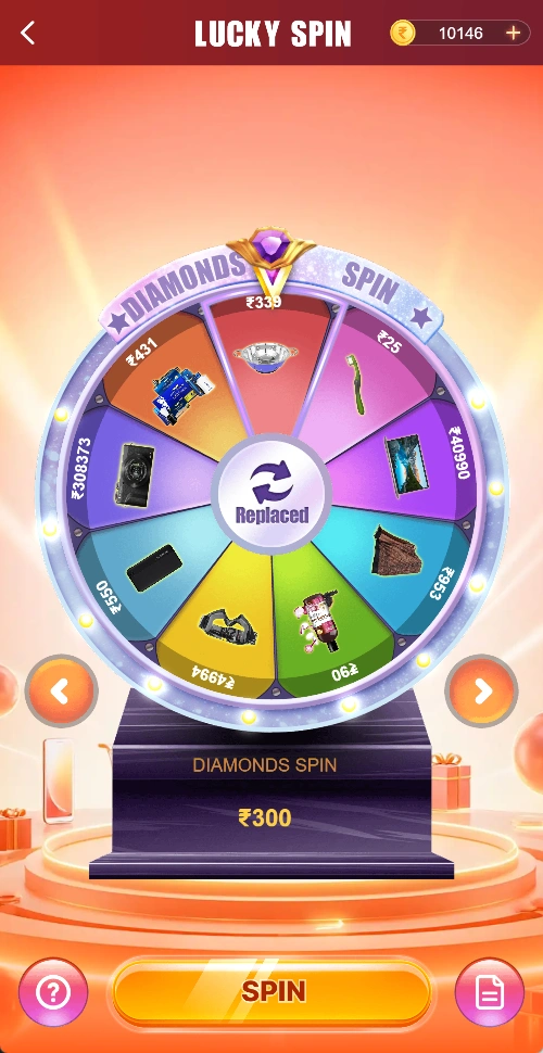 Lucky Spin Diamonds Spin wheel showing ₹300