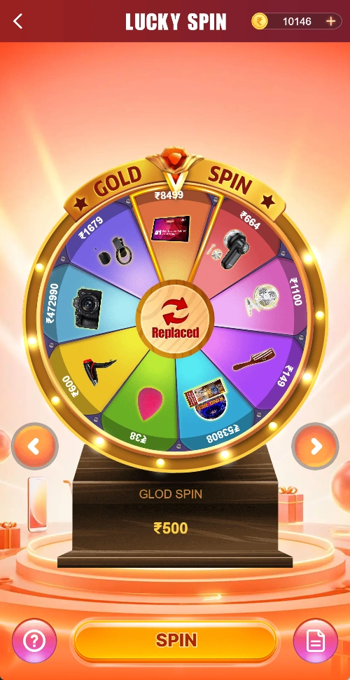 Lucky Spin Gold Spin wheel showing ₹500