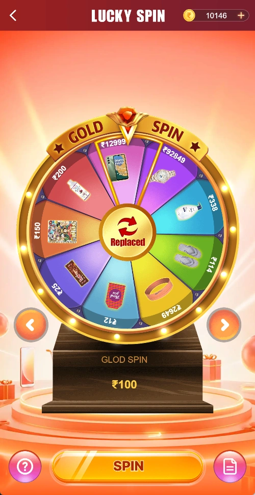 Lucky Spin Gold Spin wheel showing ₹100