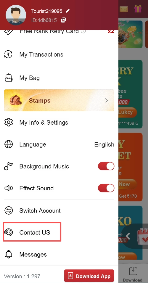 Account menu with Contact US highlighted