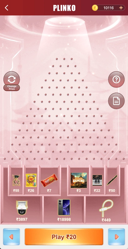 Plinko board with Play ₹20 displayed