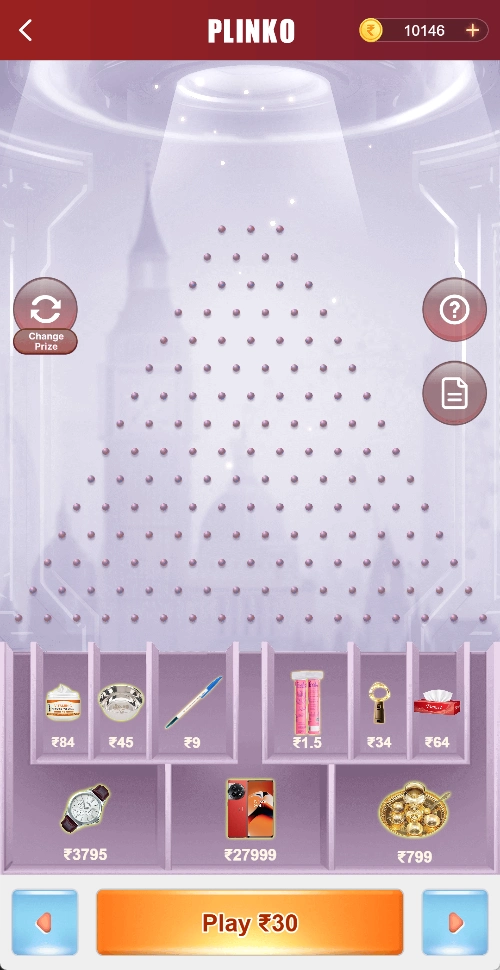 Plinko board with Play ₹30 displayed
