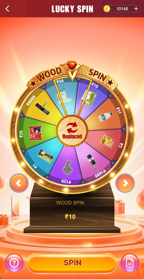 Lucky Spin Wood Spin wheel showing ₹10 and the centre Replaced control