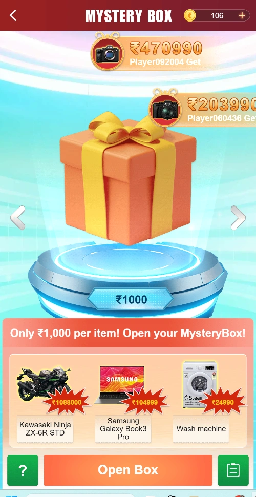 Crown 11 Mystery Box interface with box options and reward information
