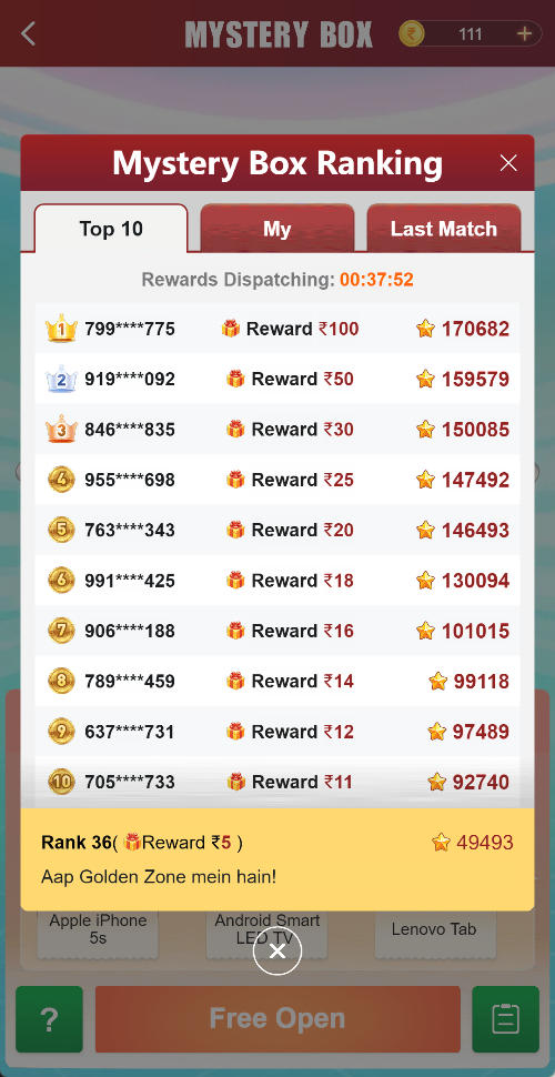 Ranking reward display