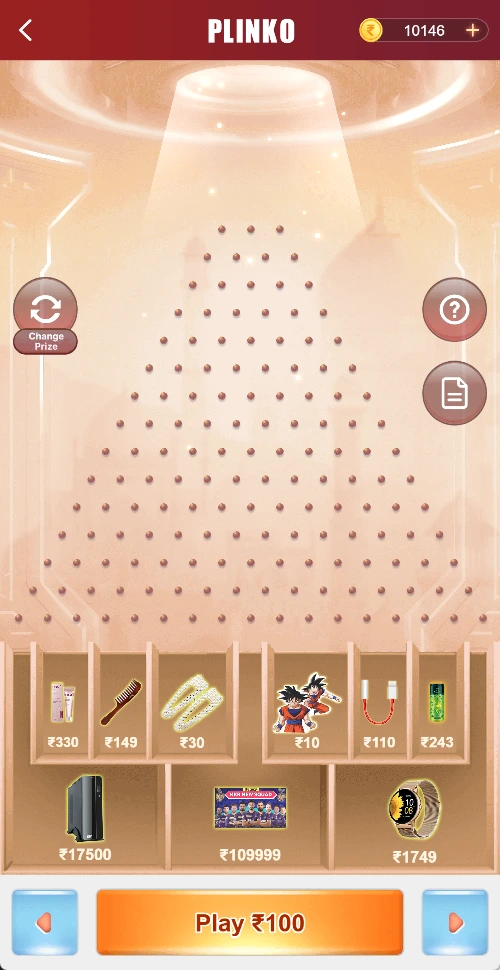 Plinko board with Play ₹100 displayed