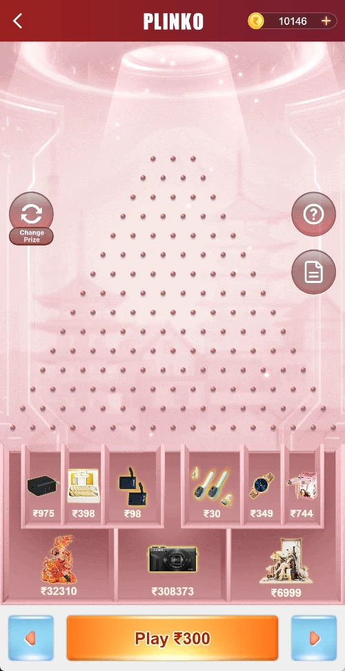 Plinko board with Play ₹300 displayed