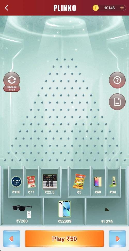 Plinko board with Play ₹50 displayed