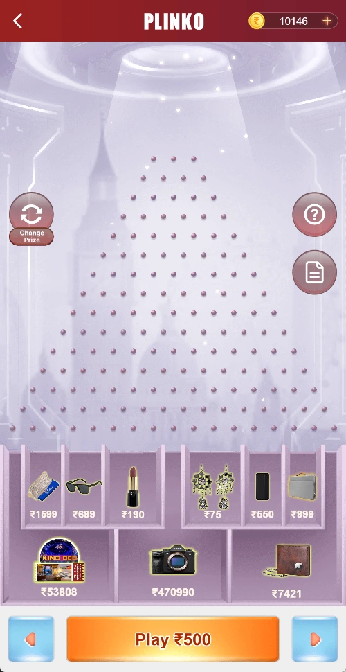 Plinko board with Play ₹500 displayed
