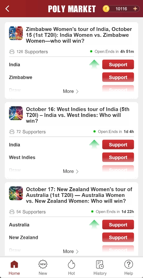 Poly Market event list showing questions, outcome options, and closing countdowns