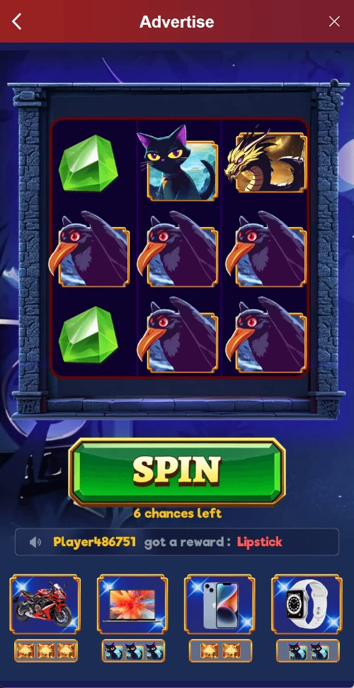 Advertise screen containing a promotional symbol grid and Spin control