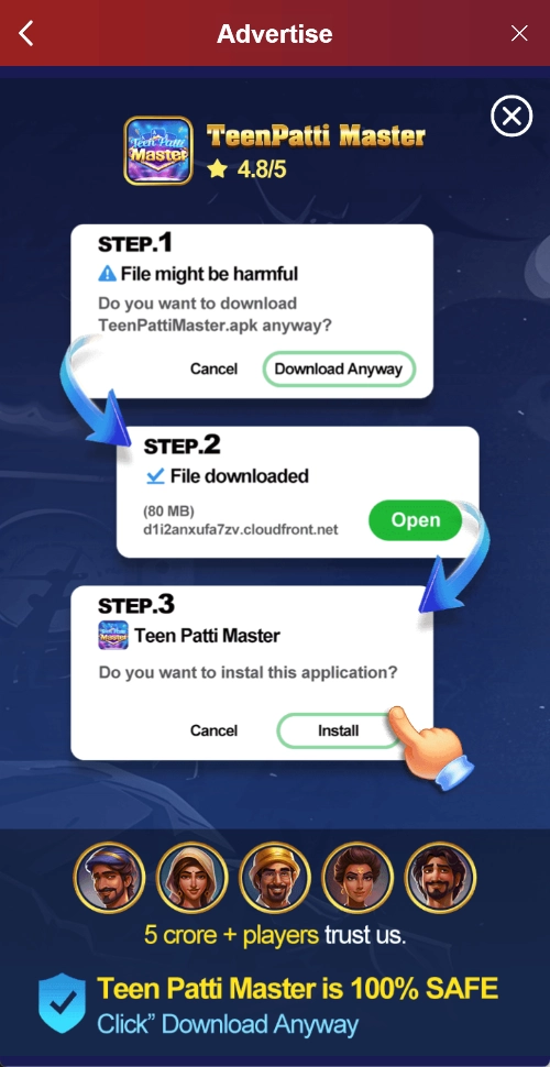 Teen Patti Master advertisement depicting APK installation and unverified rating and safety claims