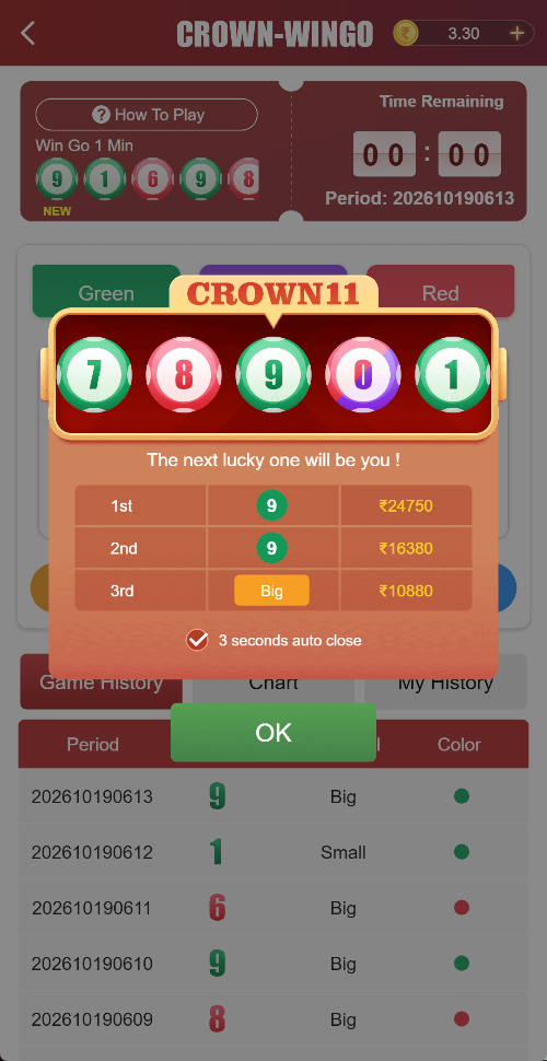 Crown Wingo result popup above a Game History row showing digit 9, Big, and Green